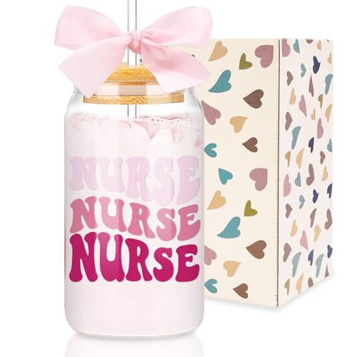 Whaline Nurse Drinking Glasses with Gift Box 16 Oz Pink Nurse Gifts for Women Appreciation Glasses Cup Pink Bow Nurse's Day Ice Coffee Cup with Lid Straw for Christmas Graduate Cocktails Beer Soda