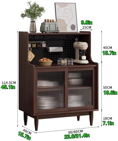 Modern Sideboard Buffet Cabinet with Sliding Glass Doors, Hutch Cupboard for Coffee Bar & Pegboard Storage, Removable Shelves, Ideal for Foyer & Study (Brown, 31.4in/80cm)