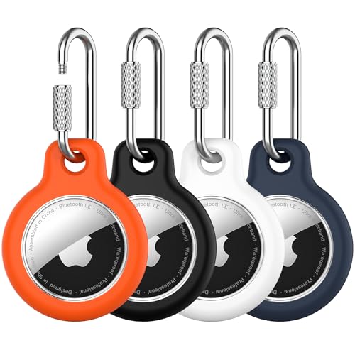for AirTag Holder - 4 Pack for Apple Tags 1st & 2nd Generation [Screw Lock Carabiner] [Waterproof & Lightweight Cover] for Pets, Keys, Luggage, Backpacks (Black, White, Orange, Blue)