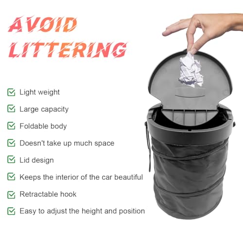 Image of Yourkar Car Trash Can with Lid, Foldable Polyester Pop-Up Auto Trash Can, Portable Large Capacity Vehicle Trash Can with Adjustable Hooks, Universal Interior Car Accessories