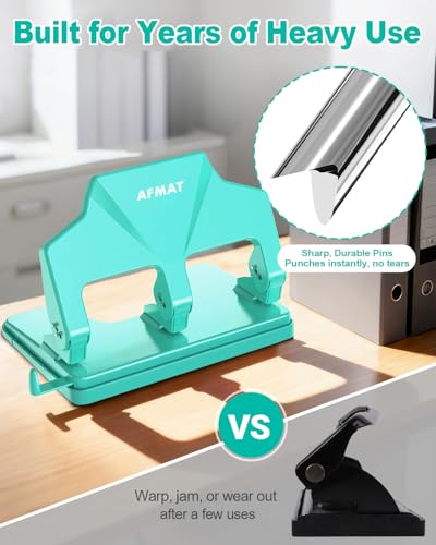 Image of AFMAT 3 Hole Punch Heavy Duty, 40-Sheet Three Hole Punch, 50% Reduced Effort, 3 Hole Puncher for Binder w /Large Chip Tray, 9 /32 inch Holes Diameter, Metal Paper Puncher for Home /Office /School, HP14(Green)