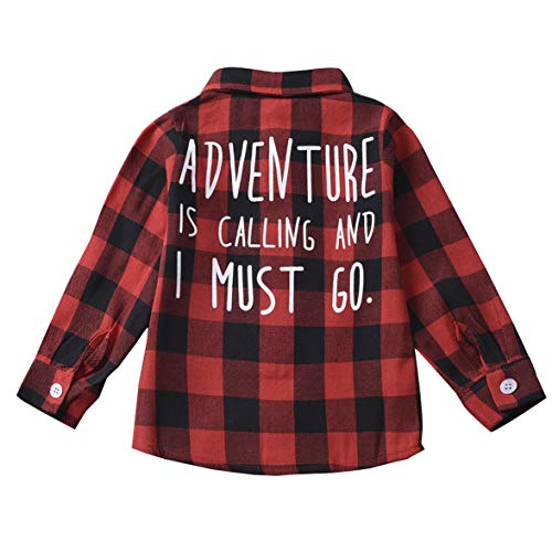 Toddler Baby Boy Girl Plaid Shirt Long Sleeve Red Cotton Button Down Tops Clothes (Adventure is Calling, 5-6 T)