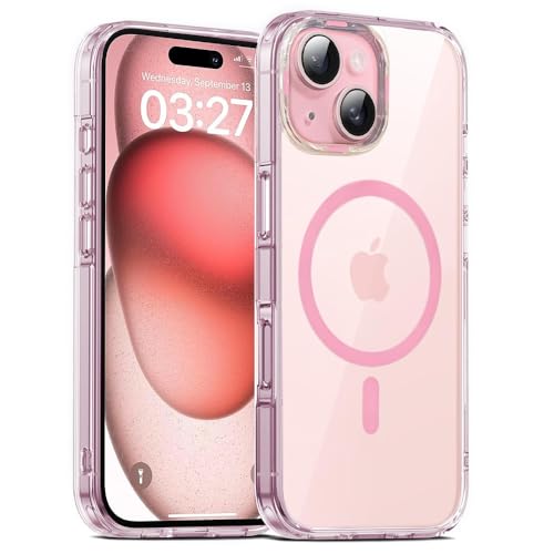 Image of VONZEE Translucent Clear Back Cover Compatible with (iPhone 15 Case)(2023), PC Shockproof Scratch Resistant, Non-Yellowing, Support Mag-Safe Wireless Magnetic Charging - Pink|6.1''