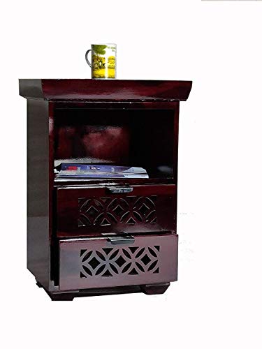 Image of Jangid Handicraft Solid Sheesham Wood Bedside Table for Bedroom | Wooden Bed Side Nightstand End Table with 2 Drawer & Open Shelf Storage for Home & Living Room | Sofa Side Table | Mahogany Finish
