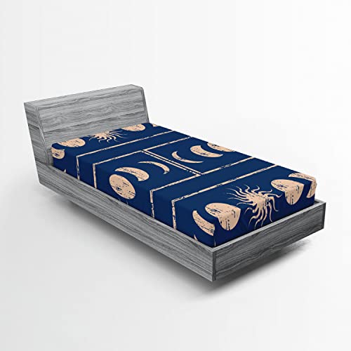 Ambesonne Indigo 2 Pack Fitted Sheet, Sun Moon Astrology, Bed Cover All-Round Elastic Deep Pockets 2 Pieces, Package Contains 2 Twin Size Fitted Sheets, Blue Beige