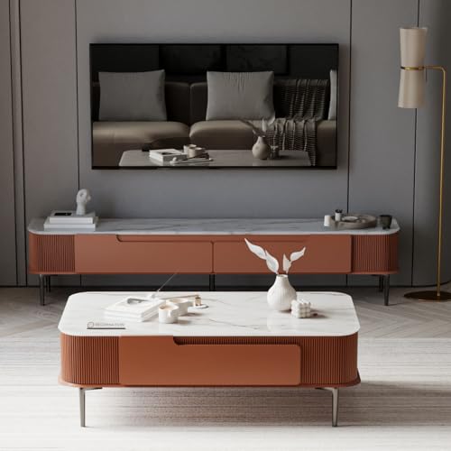 Image of DecorNation Valencia Faux Marble Coffee Table Blush Coral | Stylish Center Table with Storage Drawers | PVD Coated Metal Legs | Modern Accent Furniture for Living Room, Lounge & Home Decor