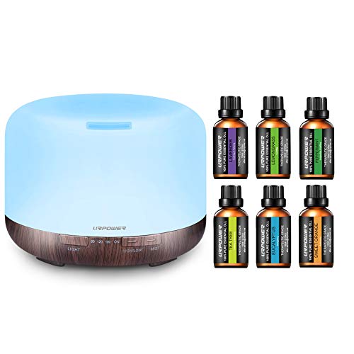 URPOWER 500ml Essential Oil Diffuser 5 in 1 Ultrasonic Diffusers with 6 Aromatherapy Essential Oil 100% Pure Lavender, Peppermint, Sweet Orange, Eucalyptus, Tea Tree, Lemongrass Essential Oil Gift Set