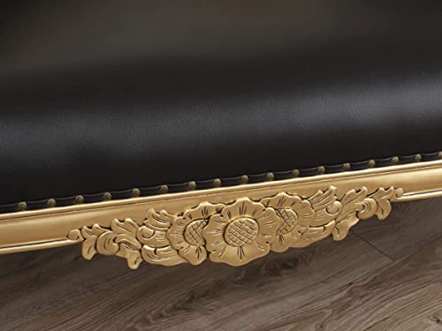 Image of Chaise Lounge Royal Carving Sofa Design Golden Polished and Leatherette Cover (Black) - 3 Seater
