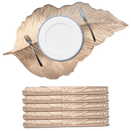 Image of Kuber Industries Soft Leather Dining Table Mat Set of 6 | Non-Slip Heat Resistant Placemats for Kitchen | Decorative Centre Table, Dinner Plate and Bed Side Mat | Emboss Leaf - Golden