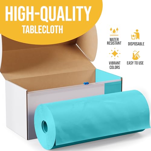Image of Exquisite Light Blue Plastic 54x100in Table Cover Roll with Built-in Cutter - 100 Feet, Disposable, Waterproof, All-Season, Rectangular