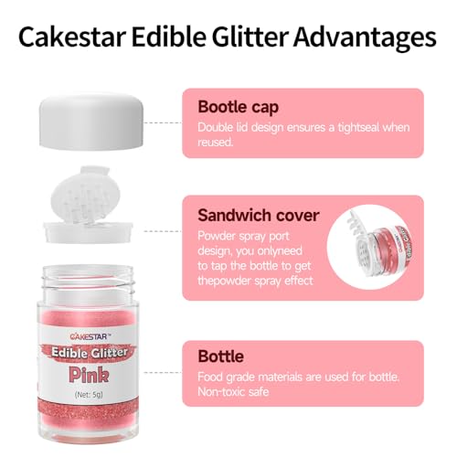 Cakestar Edible Glitter, 10 Colours Luster Dust Edible, Food Grade Shimmer Dust, Edible Glitter Powder for Drinks, Baking,Strawberries,Cupcakes, Cookies Decoration, 5g/bottle