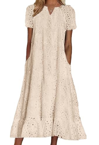 chouyatou Women Summer Ruffle Hem Floral Lace Eyelet Dress Casual Notch Neck Midi Tunic Dress with Pocket (Large, Apricot)