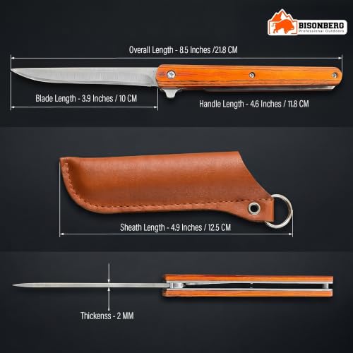 Image of BISONBERG Folding Pocket Knife with Leather Sheath, Wood Handle, long Blade, for Kitchen Use