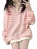 Crancious Kawaii Polo Shirt Fashion Sweatshirts with Stripe Cute Cartoon Embroidery Oversized Design Print Pullover Tops (Striped-pink,Medium)