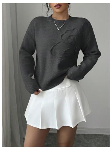Image of RoseSeek Women's 3D Floral Appliques Crewneck Sweaters Long Sleeve Drop Shoulder Pullovers Elegant Knit Tops