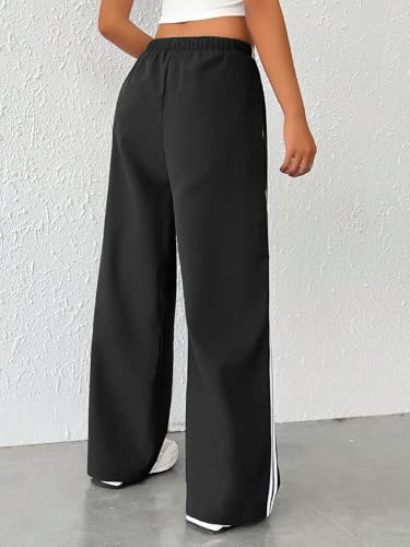 Image of SAKHWALA Women Track Pant | Women's Wide Leg Track Pants High Waist Drawstring Sweatpants with Side Stripes, Casual Loose Fit Lounge Joggers, Dark Grey