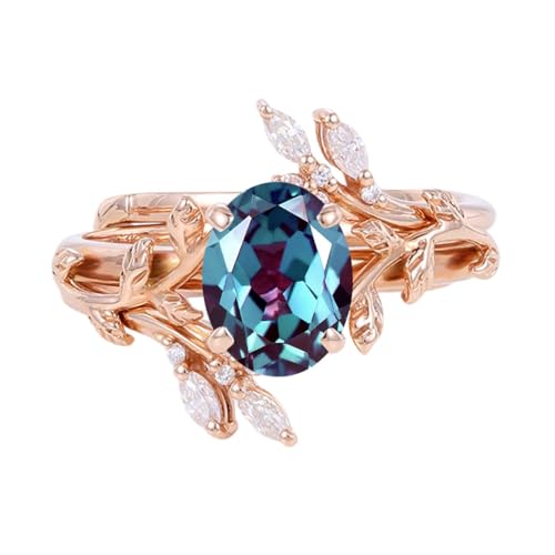 1ct 1.5ct 2ct Gemstone Wedding Ring Set - Oval Cut Gem Bridal Sets Wedding Rings White Yellow Rose 10K 14K 18K Gold Leaf Style Anniversary Promise Ring Set for Women