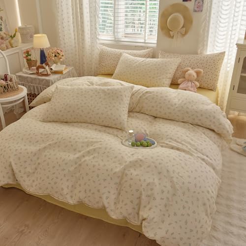 Image of Pastel Ditsy Floral Duvet Cover Set, Cream Off-White Double Layer Gauze Cotton Bedding Set, Soft Breathable Green Leaves Comforter Cover for Cottagecore French Country Bedroom Decor, Queen Size
