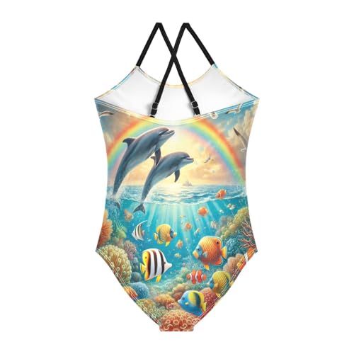 Ocean Rainbow Dolphins Girls Swimsuit Bathing Suit Summer Beach Swimwear One Piece Swimsuits2