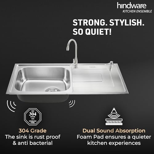 Image of Hindware Kitchen Sink 39.4 inchx19.7 inchx8.6 inch |304 Grade Stainless Steel|Handmade Single Bowl Sink with Accessories includes- Soap Dispanser, Pullout Faucet, Bottle Trap Connector & Chopping Board (Rodrigo)