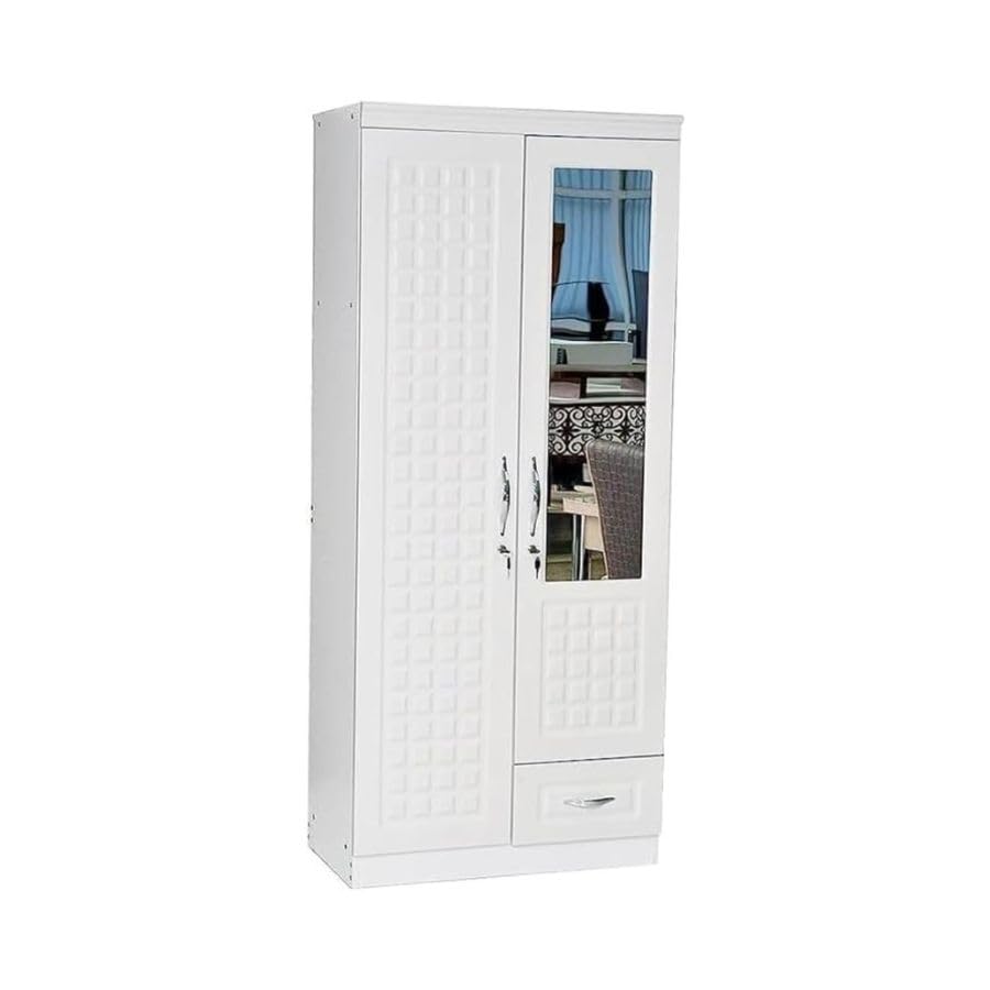 ABX HOME Shaku 2 Door Wooden Wardrobe With Mirror and One Drawer (Without Assembly White)