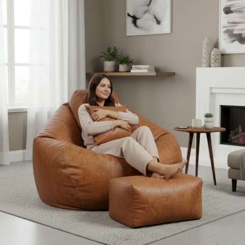 Image of KAM'S LIEU 4XL Suede Bean Bag Chair with Footrest & Cushion | Filled with High Density Polystyrene Beans | Premium Soft Fabric | Teardrop Design with Handle | Ready to Use Color- (TAN, Bean Bag)