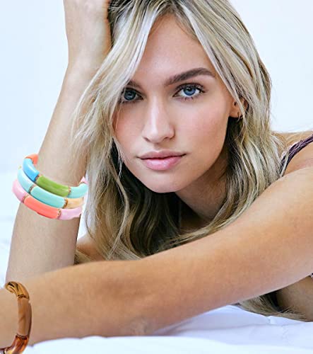 Bamboo Tube Bracelet Chunky Bangle Gold Stacking Bangles Acrylic Clear Stretchable Colorful Beads Friendship Bracelets Gift For Women (colorful rainbow) - Image 3