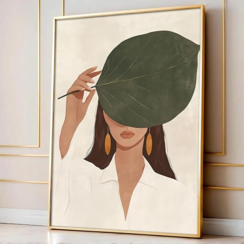 Cuadro abstracto de mujer con hojas que inspira serenidad y misterio en la decoración del hogar