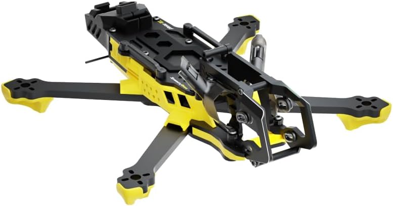 SpeedyBee Master3X Modular Frame, yellow and black, viewed from an angle showing the main body, arms, and camera mount.