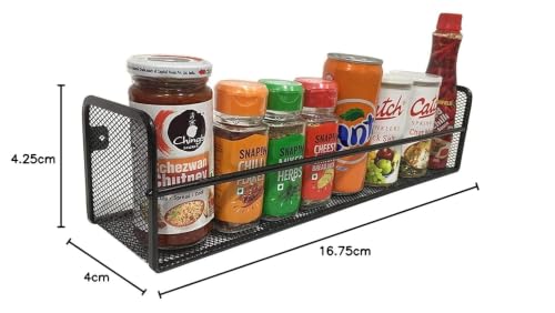 Image of self adhesive Wall Mounted Kitchen Rack | Multipurpose Metal Organizer Shelf for Jars, Spices & Bottles | Space Saving Kitchen Items Storage Rack (1)