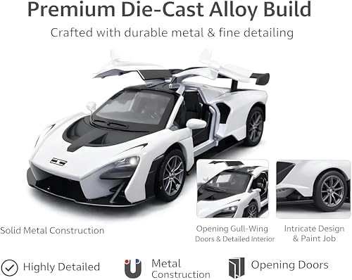 Image of 1:36 Die Cast McLaren Toy Car with Light & Sound, Pull Back Action Metal Sports Car Model with Openable Doors, LED Lights & Music, Toy Car for Kids Boys Girls & Collectors (White)