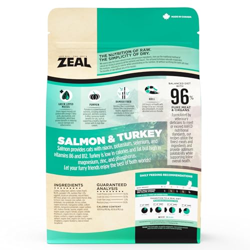 ZEAL Canada Air-Dried Salmon & Turkey Recipe for Cats - Superfood Omega-3 Rich, Dual-Protein, Grain Free, No Fillers, Complete Nutrition (Salmon & Turkey, 14.1 oz)
