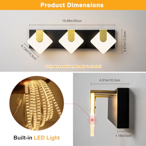 Image of foucasal 3-Light 20 inchLED Bathroom Vanity Light Fixtures Black Gold, Dimmable
