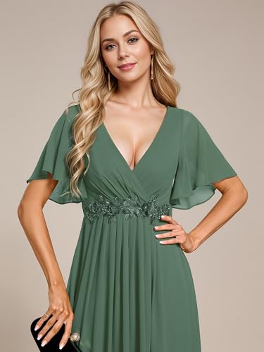 Image of Ever-Pretty Women's Spring Short Sleeve Bridesmaid Dresses V-Neck Chiffon Ruched Empire Waist Appliques Long Formal Dress
