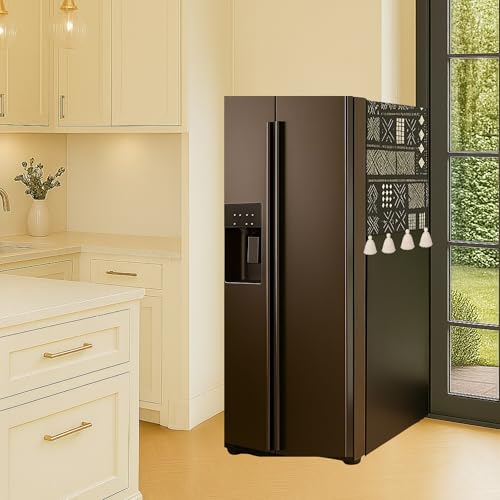 Image of Side by Side Fridge Cover >400L | 450 GSM Durable Fridge Top Cover Mat | Fits Godrej, LG, Haier, Samsung Models | Dustproof Side by Side Door Refrigerator Cover in Mud Cloth Print | WWW.THROWPILLOW.IN