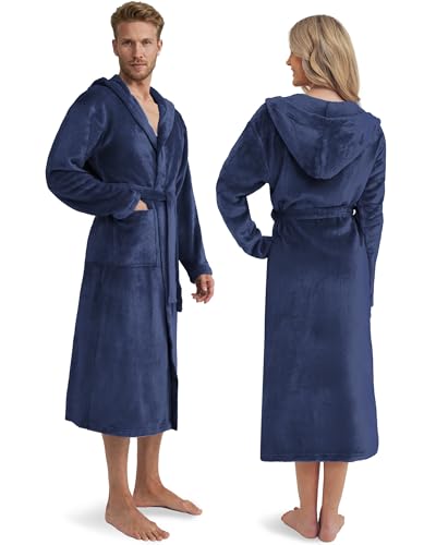 Twinzen Damen & Herren Kuschelfleece Morgenmantel mit Kapuze M - Dunkelblau - Weich, Warm & Bequem - Öko-Tex Standard 100 zertifiziert
