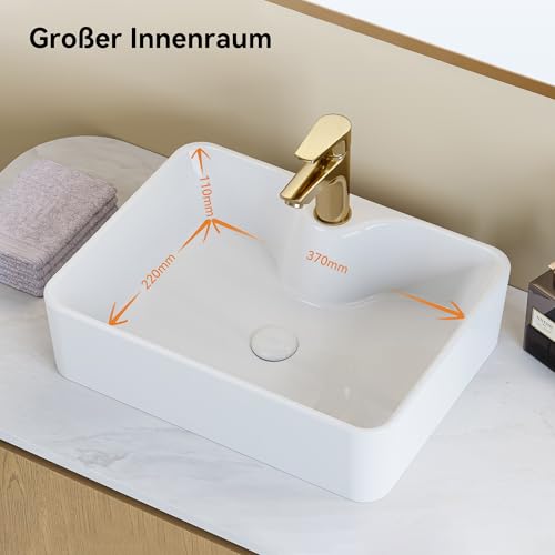HOROW Aufsatzwaschbecken Rechteckig 48x37x13 cm - Weißes Keramik-Waschbecken mit Hahnloch für Bad klein Gäste-WC - Leichte Reinigung, Platzsparend, Modern