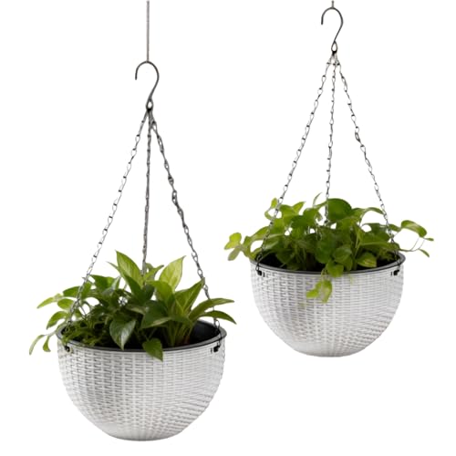 Blumenampel, 2er Set Hängeblumentöpfae 16,5 cm Hängetopf für Pflanzen Blumentopf hängend für Innen und Außen mit rostfreien Ketten Kunststoff Pflanzgefäß ideal für Balkon Terrasse Wohnzimmer, Weiß