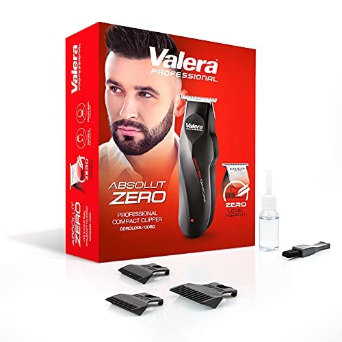 Valera, Absolut Zero 658.01, Tagliacapelli Uomo Professionale, Preciso e Leggero, Lame 42 mm per un Taglio Minimo di 0,1 mm, Funzionamento Cordless o Tramite Alimentatore, Batteria Inclusa, Nero