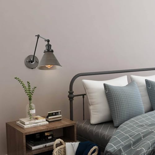 Image of LALUZ Black Wall Sconces Lighting, Modern Swing Arm Plug-in or Hardwired Adjustable Wall Lamp with Antique Silver Finish for Bedroom, Kitchen, and Living Room