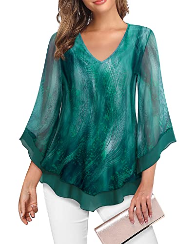 Lotusmile Women's Elegant Double-Layer Ruffle Blouse with 3/4 Bell Sleeves