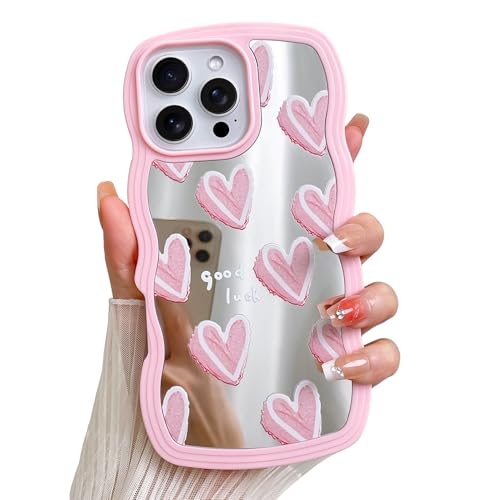 LSL Case for iPhone 16 Pro Max, Glossy Mirror Back Pink Hearts Pattern Case for Girls Women Curly Wave Edge Cute Girly Trendy Slim Protective Cover LSL Case for iPhone 16 Pro Max, Glossy Mirror Back Pink Hearts Pattern Case for Girls Women Curly Wave Edge Cute Girly Trendy Slim Protective Cover