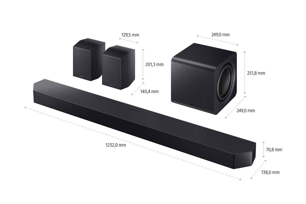 Samsung HW-Q995GF Q-Series 11.1.4-Kanal-Soundbar für Fernseher, Kabelloser 8"-Dual-Subwoofer, 4.0.2-Kanal-Rücklautsprecher, Kabelloses Dolby Atmos und DTS:X, SpaceFit Sound Pro, Q-Symphony