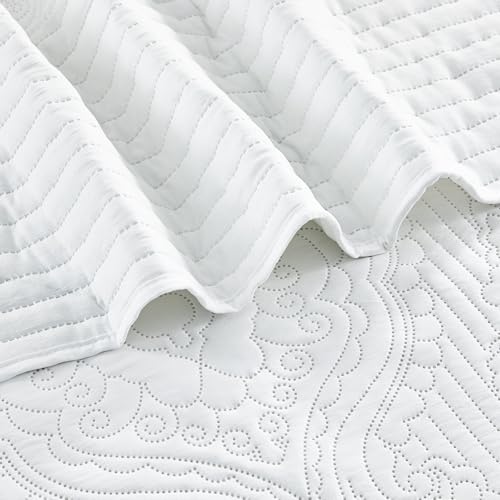Image of ENJOHOS Oversized King Quilt White, 128x120 California King Bedspread, 3 Piece Soft Microfiber Lightweight Extra Wide Bedding Comforter Set, Vintage Boho Striped Pattern Summer Coverlet