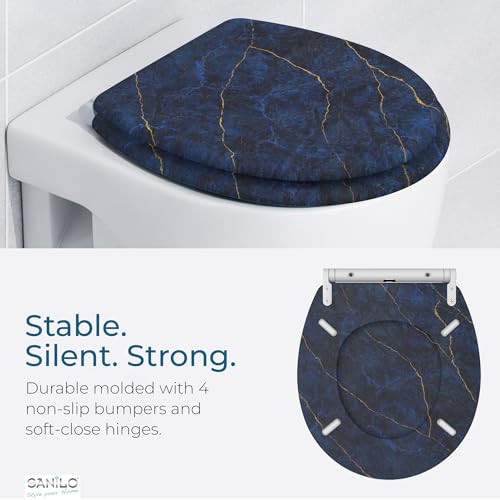 Image of Sanilo Wooden Toilet Seat with Quick Release & Soft Close [ROUND] - Decorative & Slow Close Molded Wood Seat - With One Click for Easy Installation & Cleaning - With Adjustable Fit (Marble Darkblue)