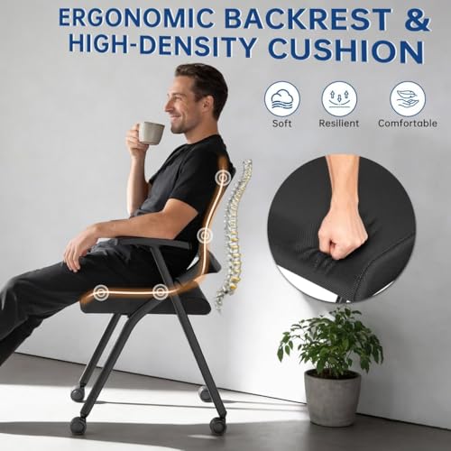 Image of Folding Office Chair with Wheel,Conference Room Chairs with Smooth Armrest-Mesh Back,Rolling Stackable Foldable Desk Chair for Guest Reception Meeting Classroom Training Seminar (8, Black)
