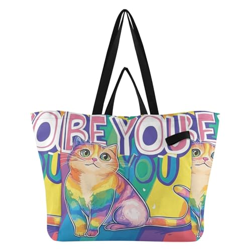 Bolsas de lona gruesas para cocina, bolsas de comestibles para mujeres, hospital, compras, playa, viajes, mes del orgullo Un gato arcoíris