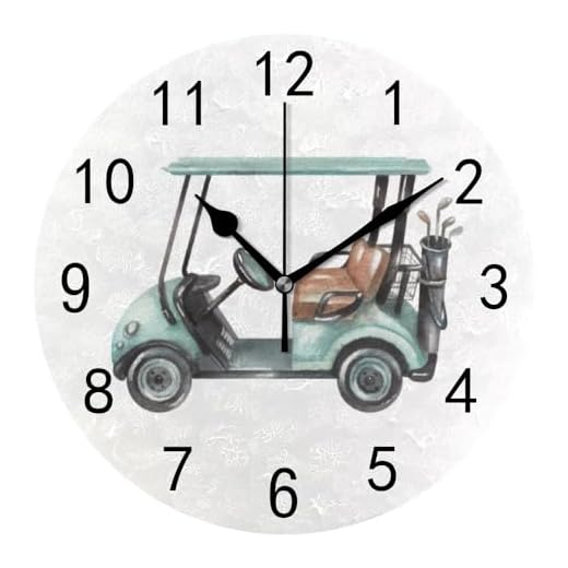 Wall Clock for Living Room Decor Watercolor Golf Cart PVC 9.8 Inch Hanging Round Desk Clocks Silent Non-Ticking Battery Operated Easy to Read Bathroom Kitchen Office