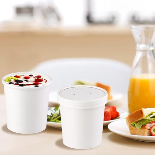 Image of 16 oz 25 Pcs Paper Soup Cups with Lids, White Ice Cream Containers