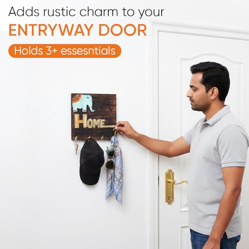 Image of AAKRITI ART CREATIONS Key Holder, Hola Wooden Key Holder with Hand Painted Elephant and Home Design | Rustic Mango Wood Wall Organizer with 4 Hooks | New Home Gifts.